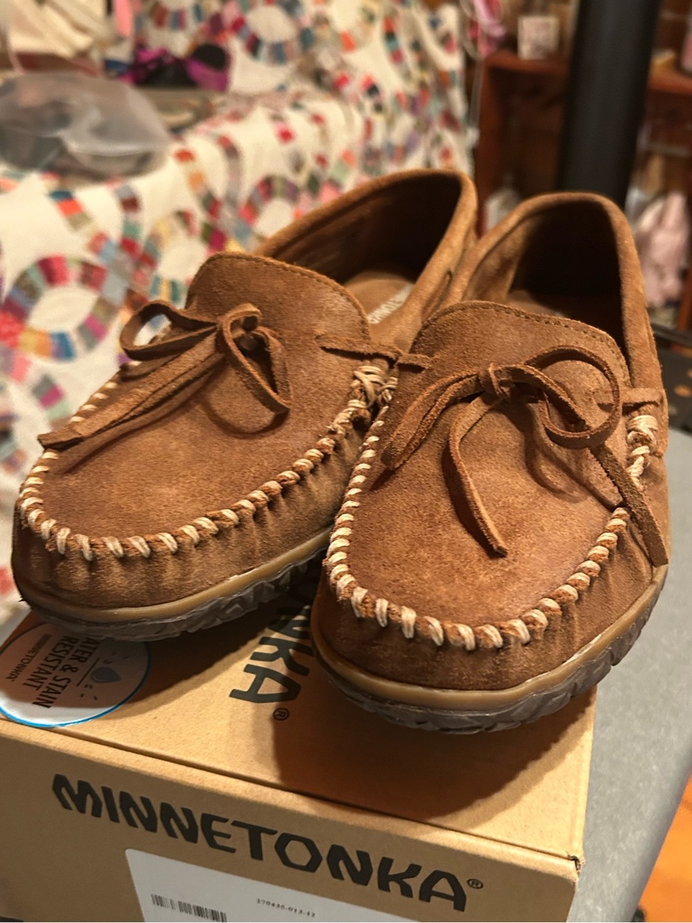 Minnetonka Tan Suede Moccasin Slip-On with Tassel Lacing